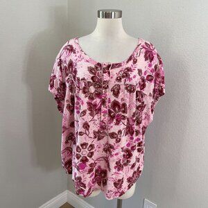 Anthropologie Pilcro Womens XL Pink‎ Floral Ruched Henley Top Short Sleeve Shirt